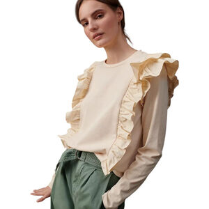 Anthropologie Karina Ruffled Long Sleeve Top Cream Sz S Feminine Coquette